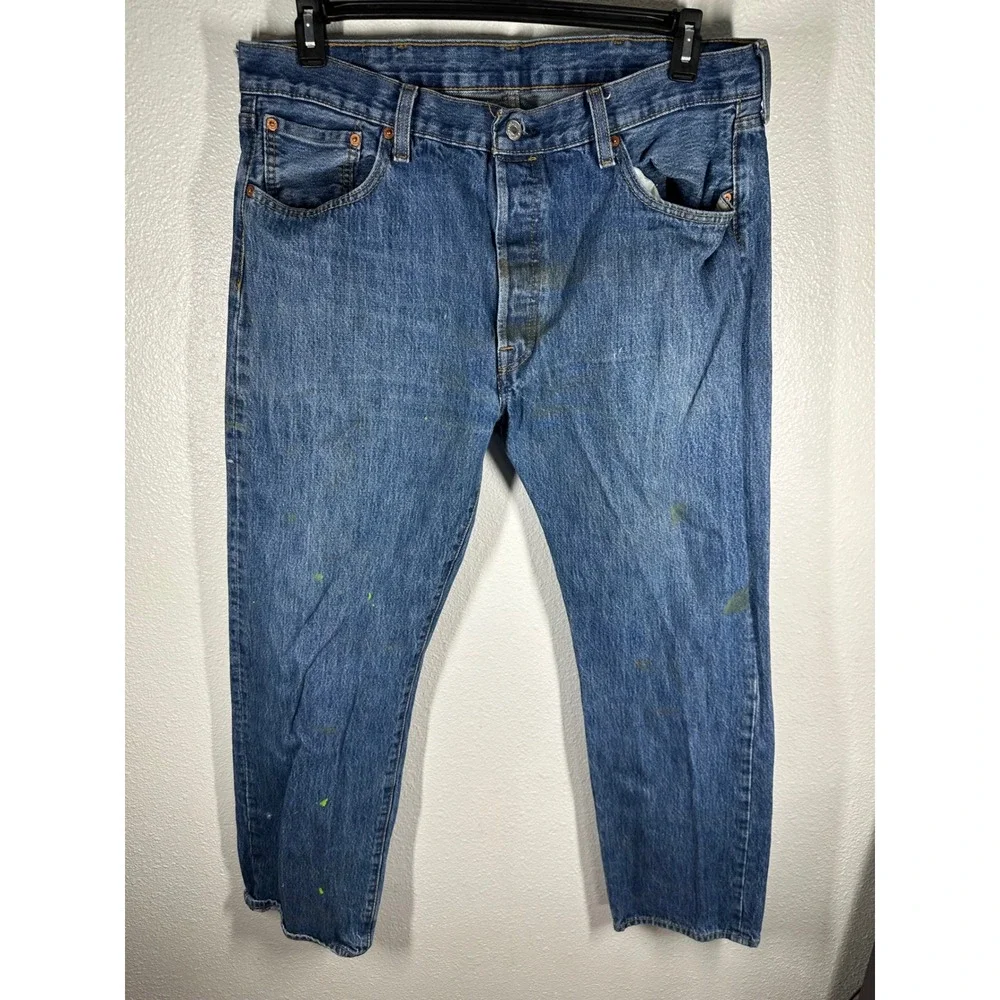 Levi's Jeans Men 38x32 Blue 501 Original Fit Straight Leg Paint Splatter Denim